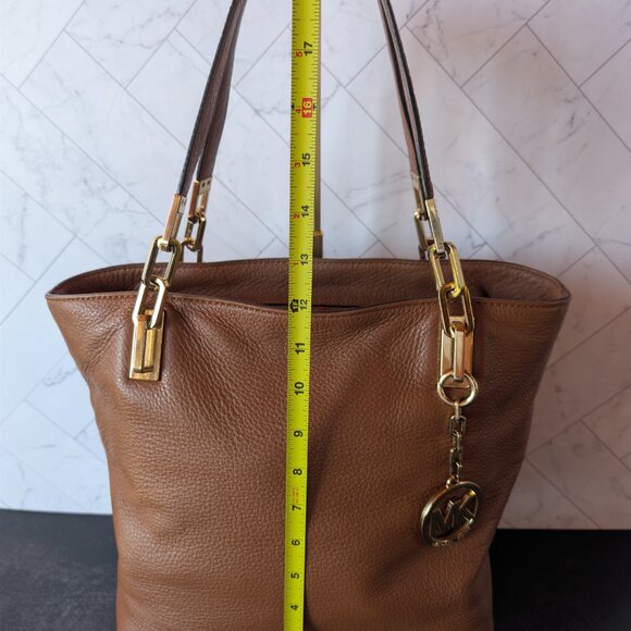 Michael Kors Brown Pebbled Leather Tote with Gold MK Charm - Picture 14 of 16